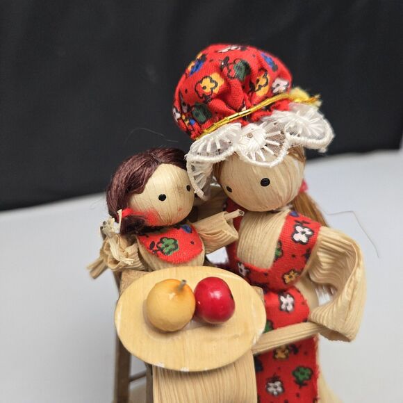Vintage Handmade Corn Husk Doll Mother & Child in Wood High Chair Clothes 4.5" - Picture 9 of 12